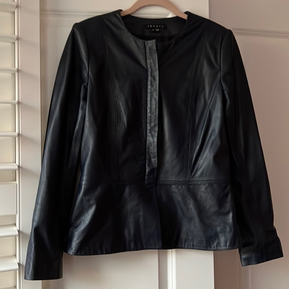 Theory navy leather jacket, size 10